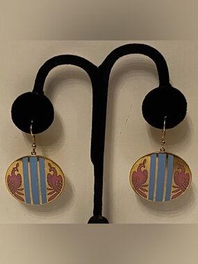 SIGNED ERM EARRINGS PINK DOUBLE PHOENIX BLUE STRIPE GOLD TONE CIRCLE DROP WIRE